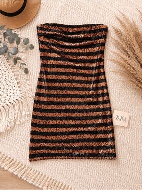 Forever 21 Black and Copper Striped Sequin Strapless Mini Dress